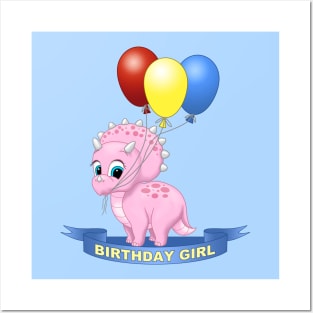 Birthday Girl Cute Pink Triceratops Dinosaur Posters and Art